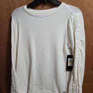 Andrew Marc Cream Ruched-Sleeve Crewneck Sweatshirt Soft And Comfy